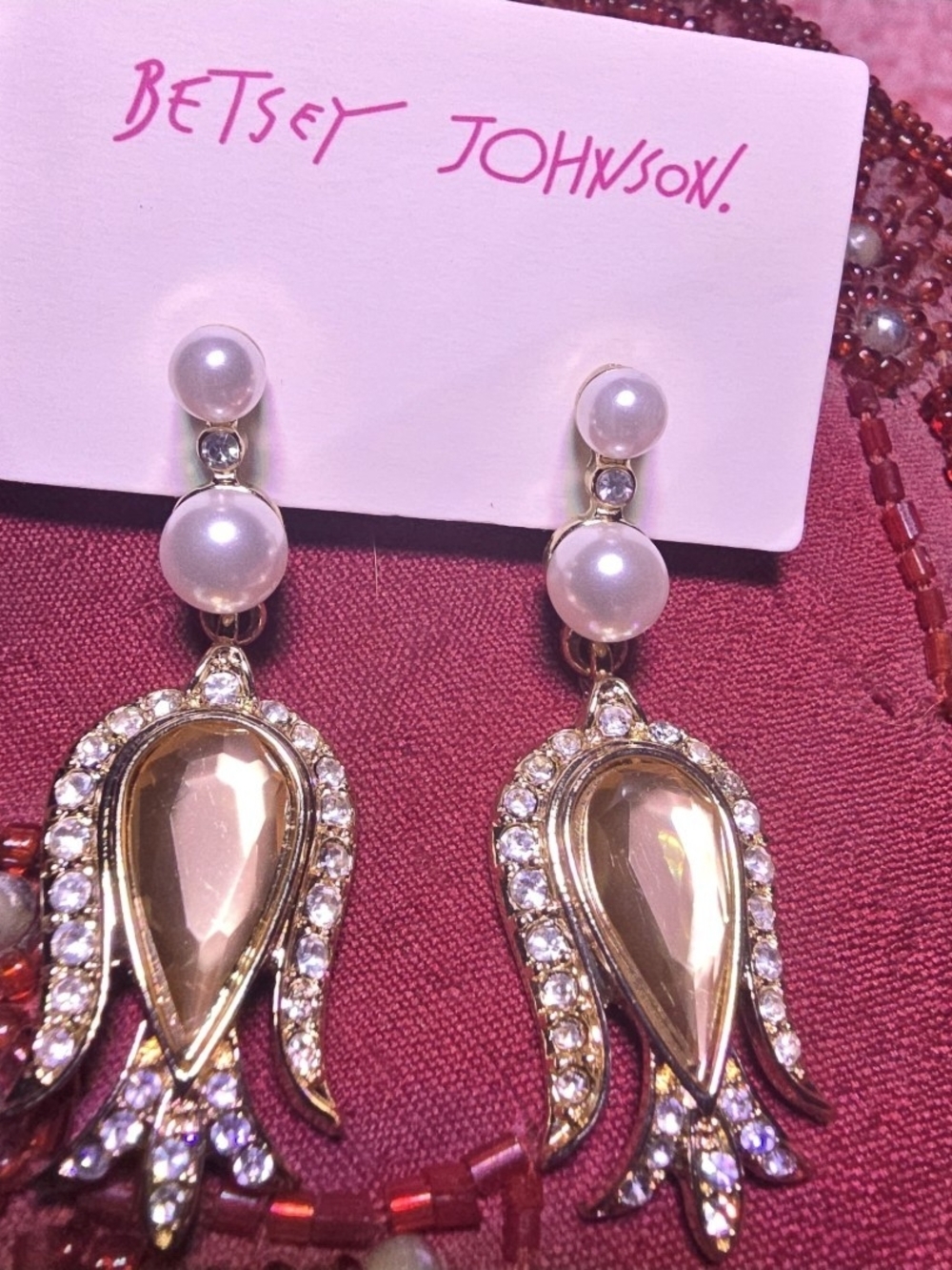 Betsey Johnson Gold-tone Pink Teardrop Pearl Drop Earrings